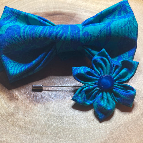 Teal and Egyptian blue floral print cotton , pre-tied bow tie  with coordinated cotton strap and lapel pin.