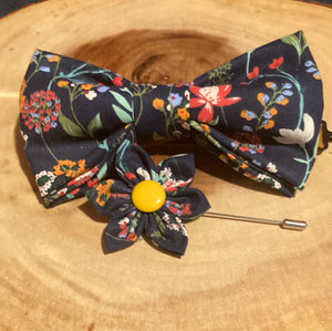 Wildflower navy blue cotton floral bow tie with matching lapel pin