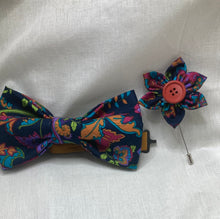 Load image into Gallery viewer, Navy blue multi colored rich tone floral  cotton adult sized bow tie pre-tied with coordinated cotton strap