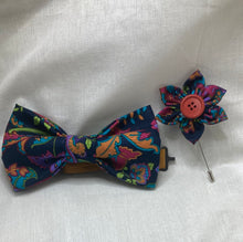 Load image into Gallery viewer, Navy blue multi colored rich tone floral  cotton adult sized bow tie pre-tied with coordinated cotton strap