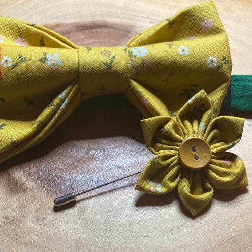 Biscotti yellow floral cotton adult , pre-tied bow tie with coordinated cotton strap and lapel pin