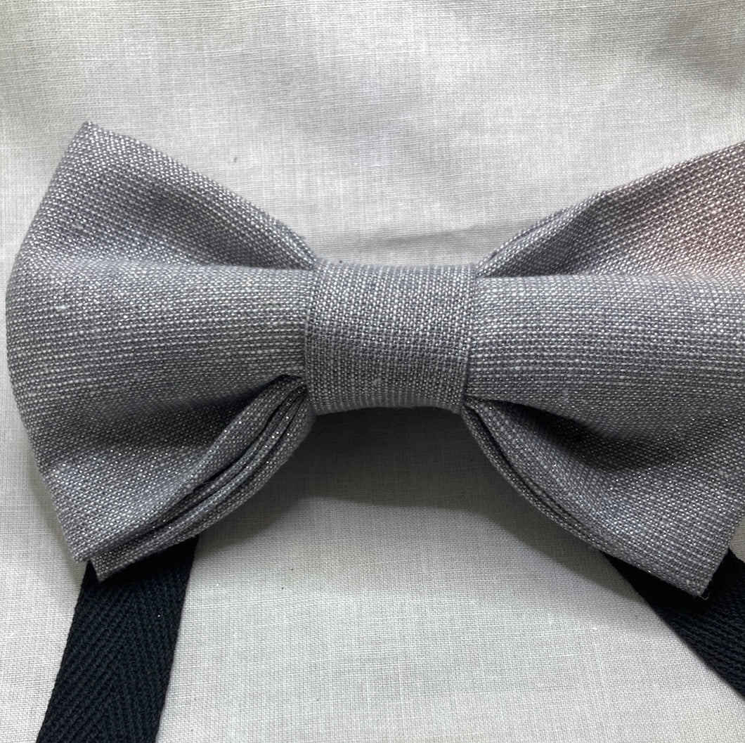 Glimmer Solid Metallic Fog Cotton bow tie , adult pre-tied with black cotton twill strap
