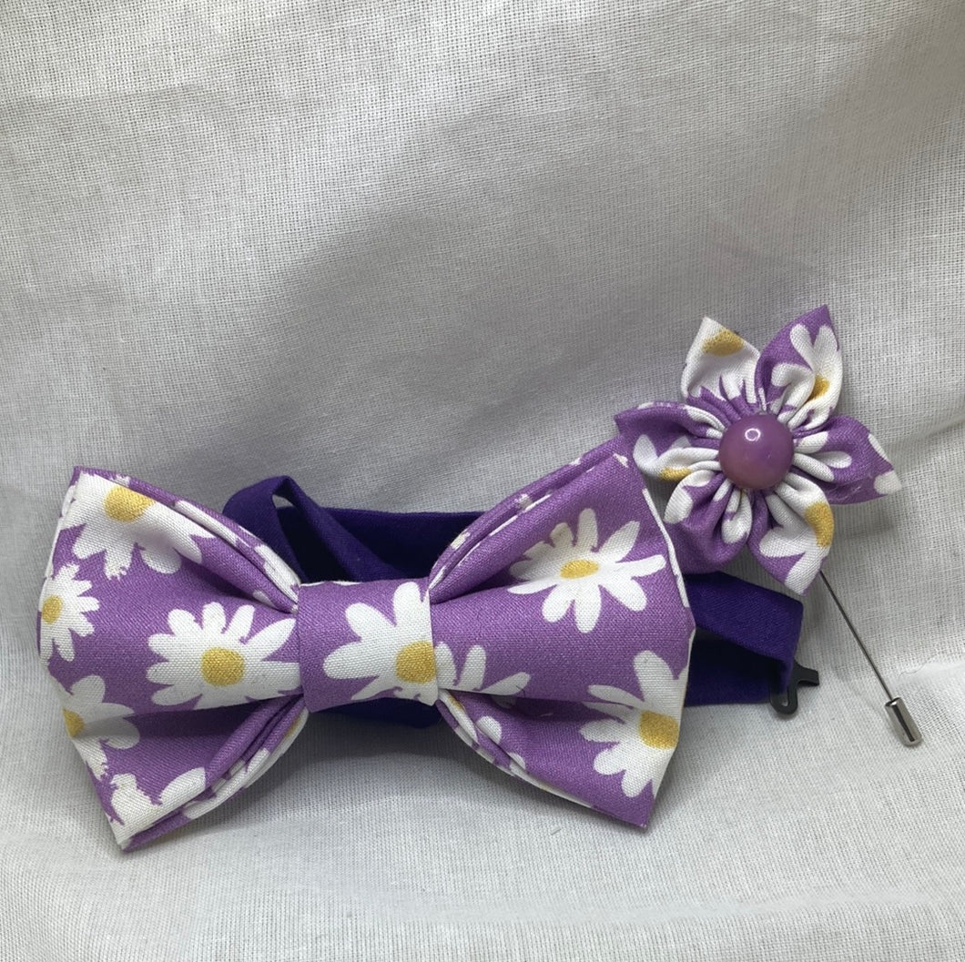 The Day La Soul -Vintage Daisy themed cotton floral bow tie pre-tied with up to 20 inch coordinated cotton strap.