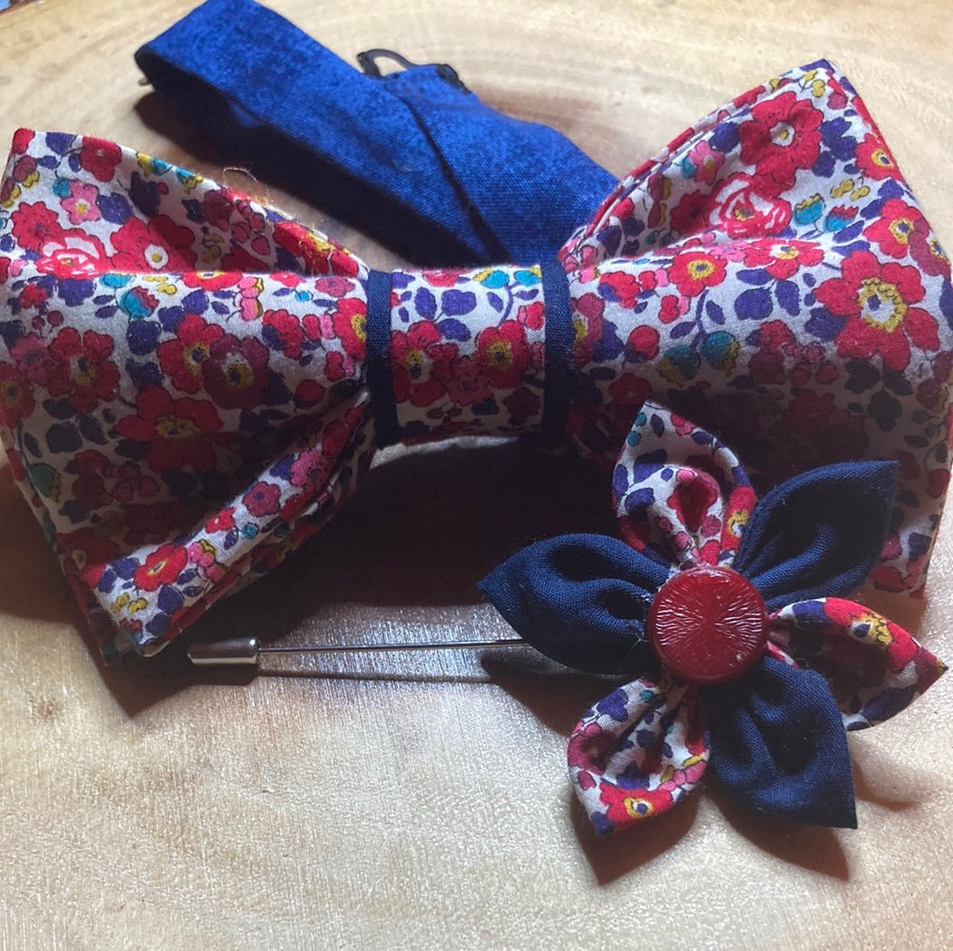 Persimmon red and navy blue floral tana lawn  pre-tied bow tie adult size with coordinated cotton strap and lapel pin