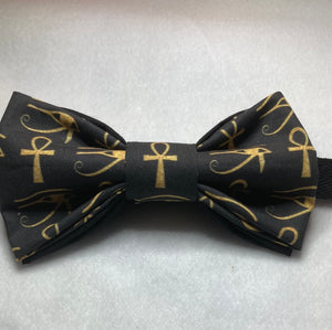 African, Egyptian culture bow tie, featuring Ankh, eye of Heru/Horus on black cotton , pre-tied