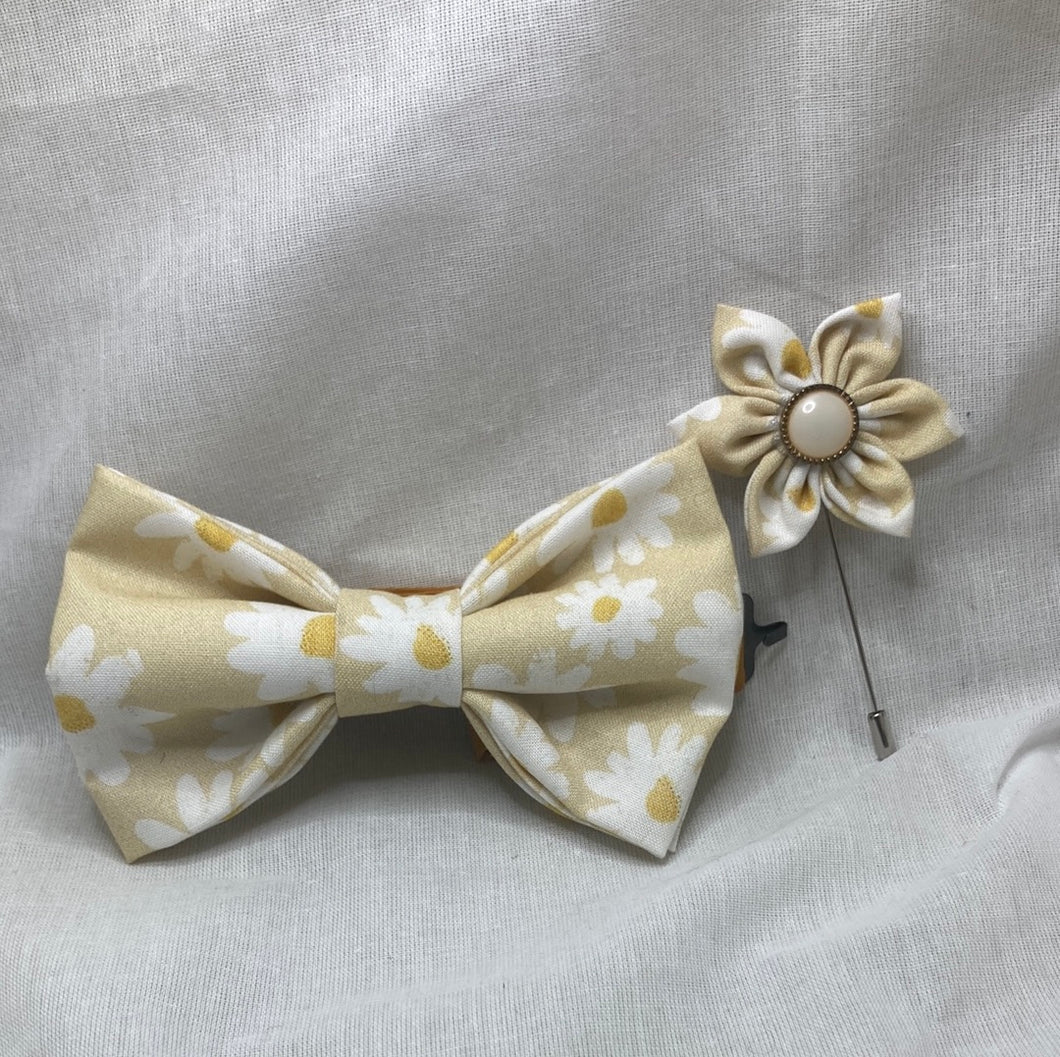 Vintage Cream Daisy themed floral cotton pre-tied bow tie with coordinated cotton strap