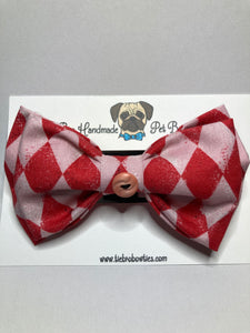 Red and pink harlequin print Valentines cotton bow tie with Velcro closure