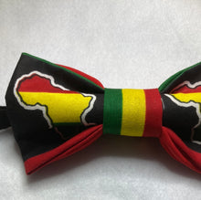 Load image into Gallery viewer, Motherland themed cotton bow tie, red, yellow green Africa cotton bow tie with up to 20 inch adjustable cotton twill strap