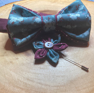 Boysenberry and slate blue floral cotton print bow tie adult sized with coordinated cotton strap and lapel pin