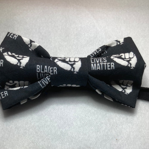 Black Lives Matter with black fist  , BLM cotton bow tie available in 3 sizes with adjustable black cotton twill neck strap