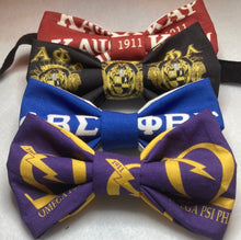 Load image into Gallery viewer, Fraternity bow ties, Divine 9 , Black Greeks cotton fraternity themed bow ties , pre-tied with up to 20 inch adjustable black cotton twill strap.