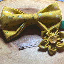 Load image into Gallery viewer, Biscotti yellow floral cotton adult , pre-tied bow tie with coordinated cotton strap and lapel pin