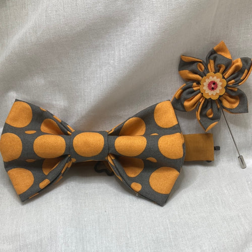 Dark grey and Burnt orange polka dot cotton bow tie with coordinated cotton strap and lapel pin