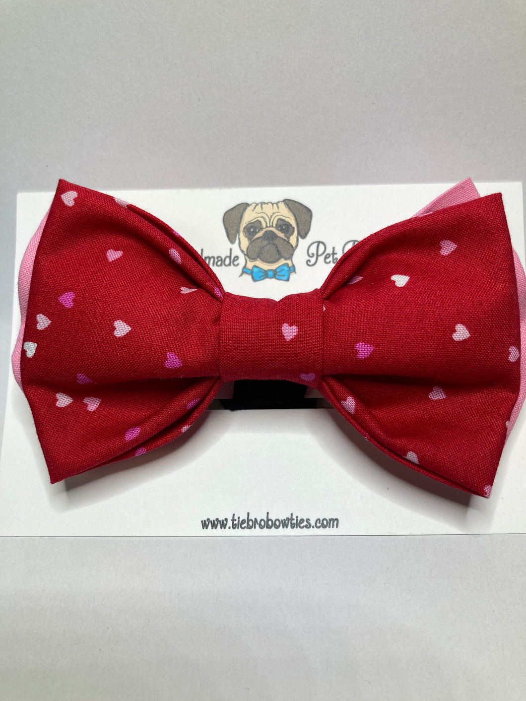 Tri-Color Mini Hearts red and pink cotton pet bow tie. Available in 4 sizes