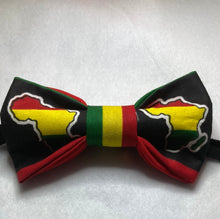 Load image into Gallery viewer, Motherland themed cotton bow tie, red, yellow green Africa cotton bow tie with up to 20 inch adjustable cotton twill strap