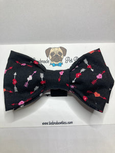 Cupid's Arrow Black , red, pink and white pet bow tie in cotton with velcro closure