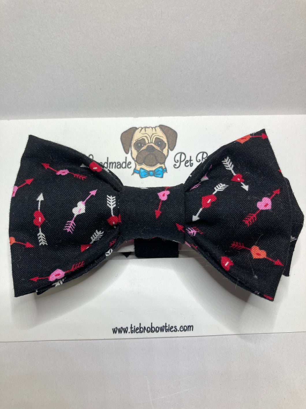 Cupid's Arrow Black , red, pink and white pet bow tie in cotton with velcro closure