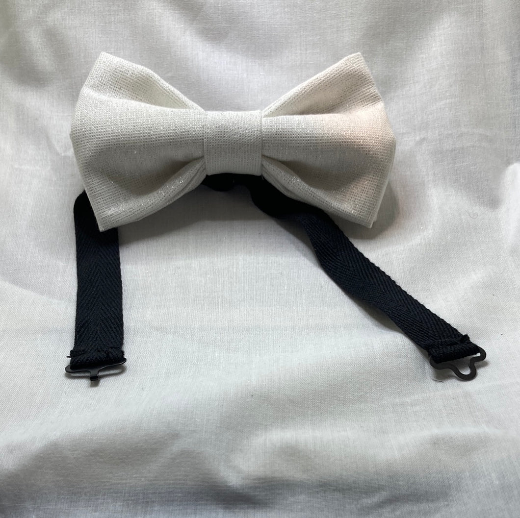 Glimmer Solid Metallic Antique White Cotton bow tie , adult pre-tied with black cotton twill strap