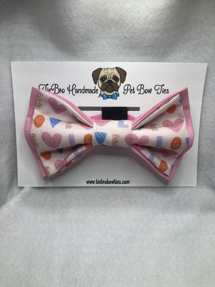 Love is the word pink and pastel cotton pet bow tievelcro closure