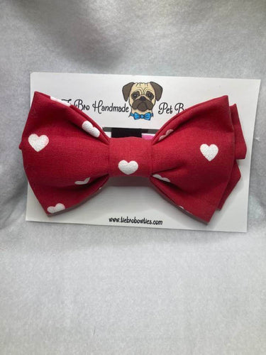 Red and white raised textured cotton Valentines pet bow with Velcro closure